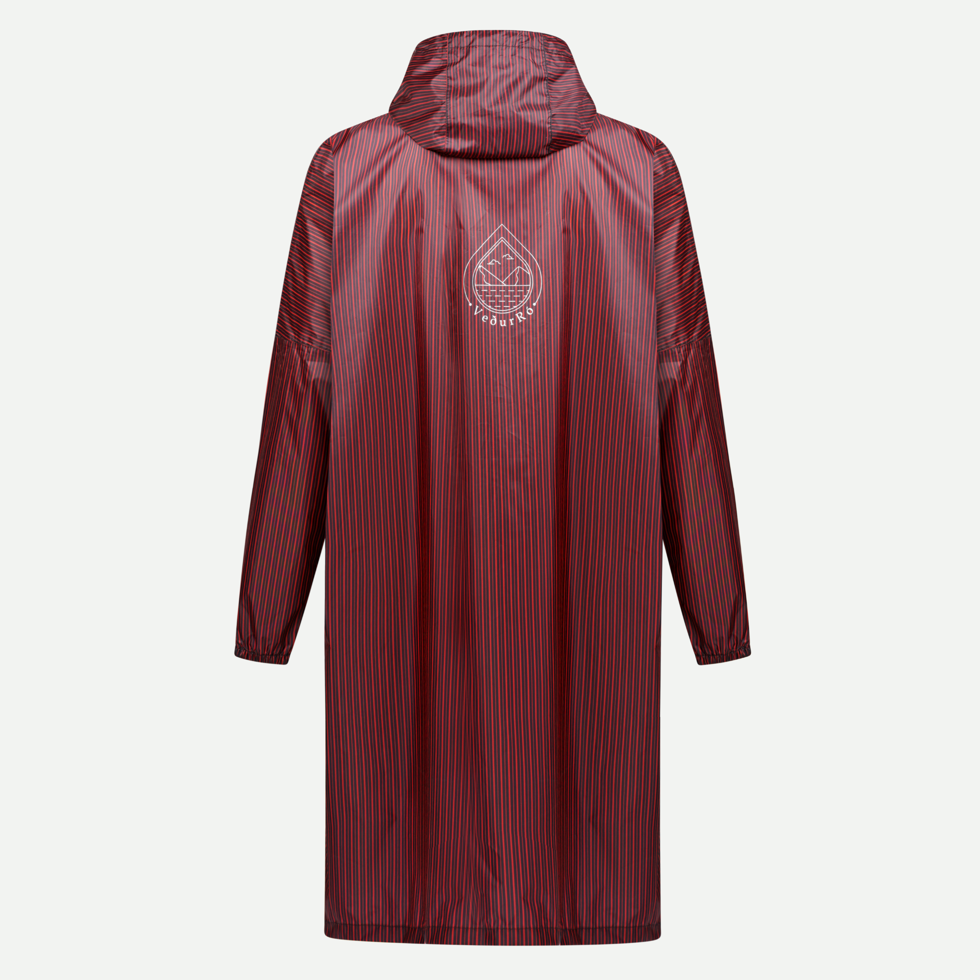 Red VeðurRó rain poncho – back view with logo
