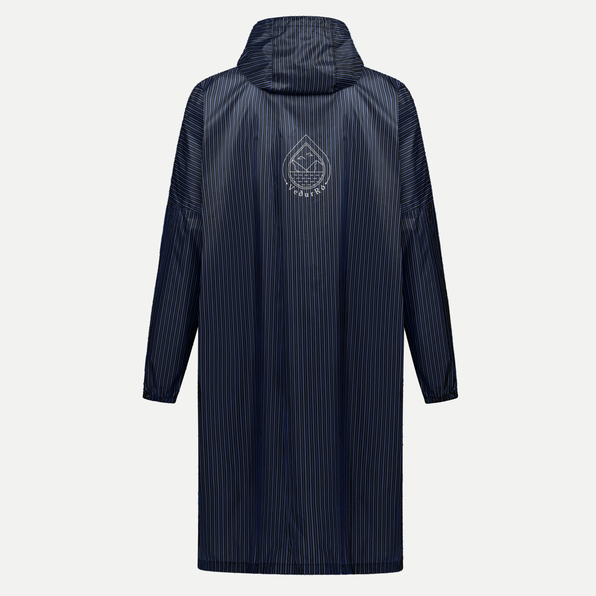 Blue VeðurRó rain poncho – back view with logo