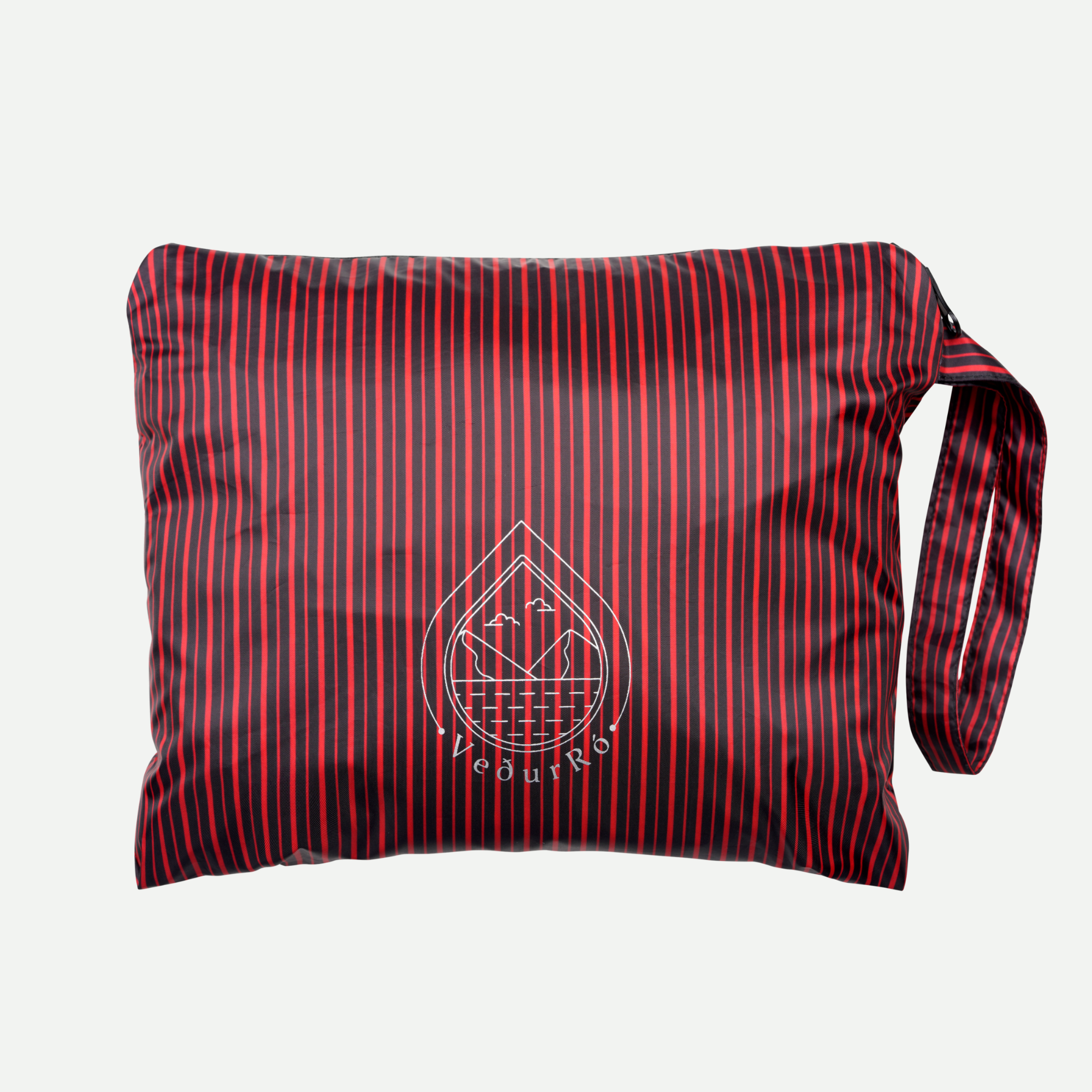 Red VeðurRó rain poncho packed into its carrying pouch