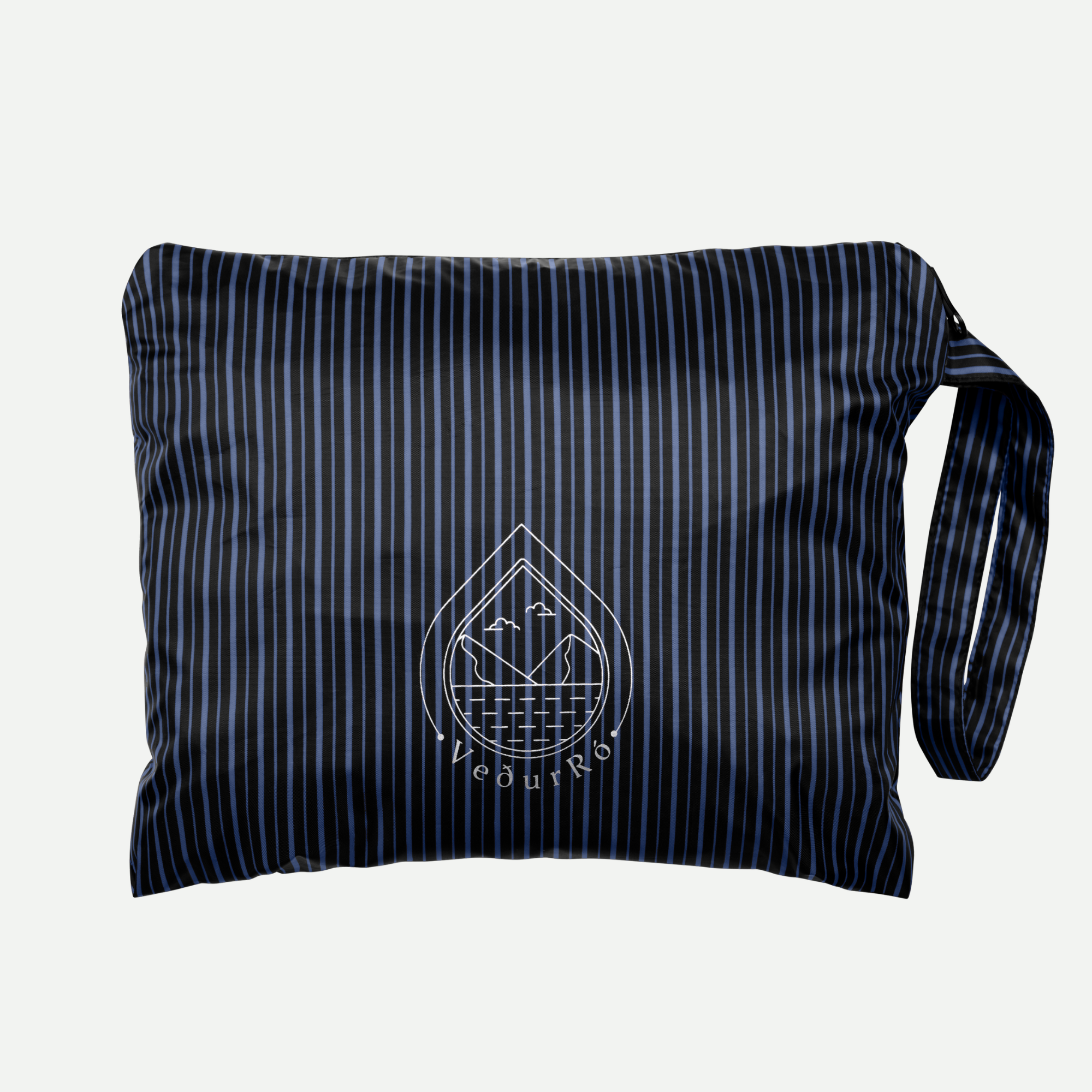 Blue VeðurRó rain poncho packed into its carrying pouch